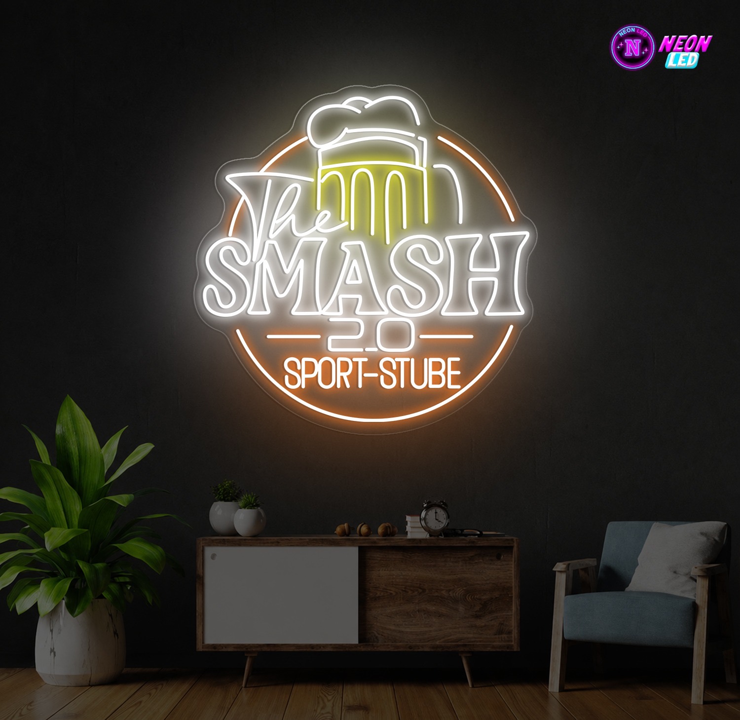 Rond neonlogo met een bierglas voor The Smash 2.0 Sport-Stube