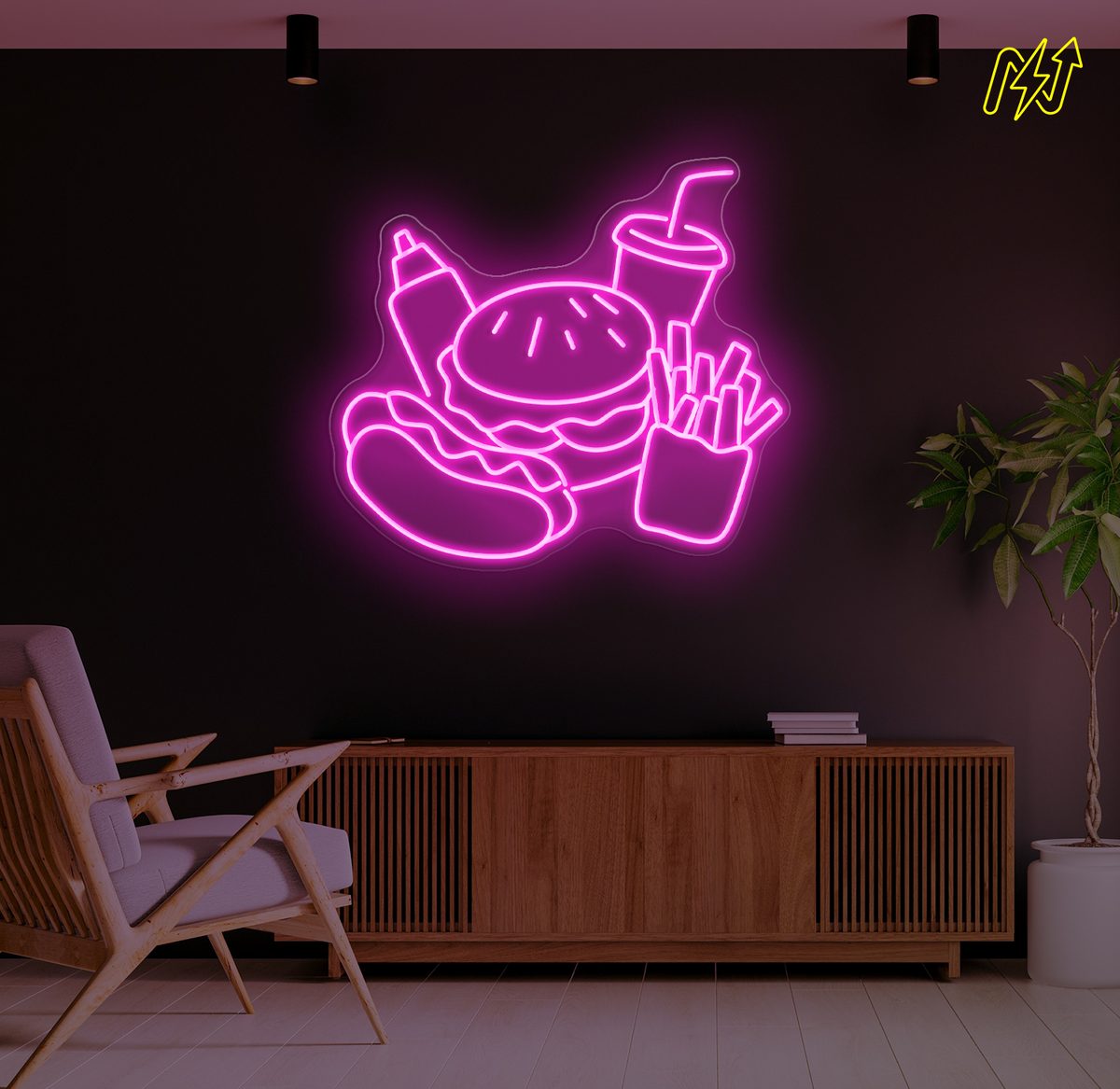 Burger, Hotdog, Friet, Drank & Saus LED-neonbord in Hot Pink